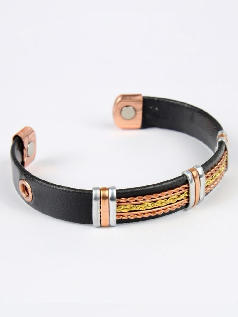 NWOT Mixed-Metal Copper & Black Leather Wrapped Magnetic Cuff Bangle Bracelet